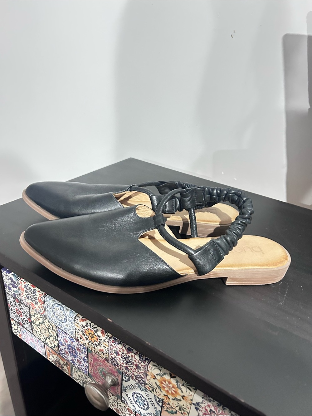 Bueno Black Leather Slingback Mules
